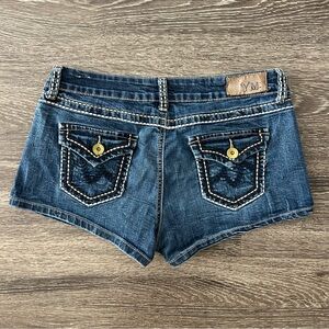 Y2K YMI Blue Jean Shorts 9 Contrast Stitching Flap Pockets Micro Low Rise Denim